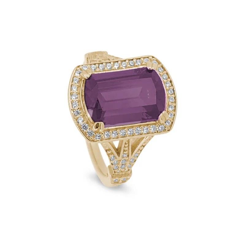 Luxury Promise Rings for Women-Gold Finish Sterling Silver Micropave Emerald Cut Pink Stone Ring with Simulated Diamongs