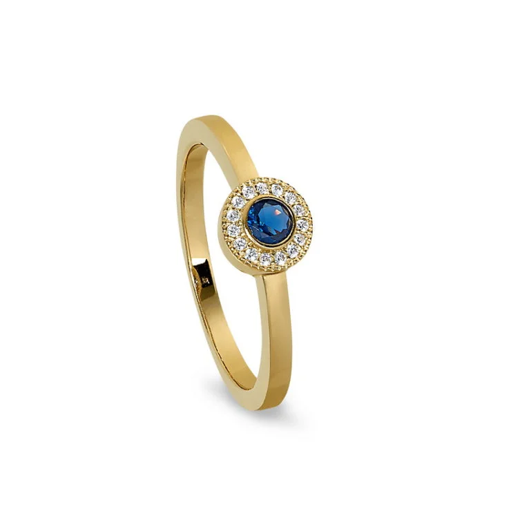 Custom Promise Rings for Couples-Gold Finish Sterling Silver Micropave Round Simulated Sapphire Ring with Simulated Diamonds Size 9