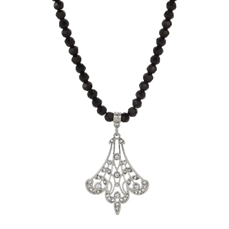 Talisman Necklaces-1928 Jewelry Minuit Black Glass Strand Bead Silver Filigree Fan & Crystals Pendant Necklace 15" + 3" Extender