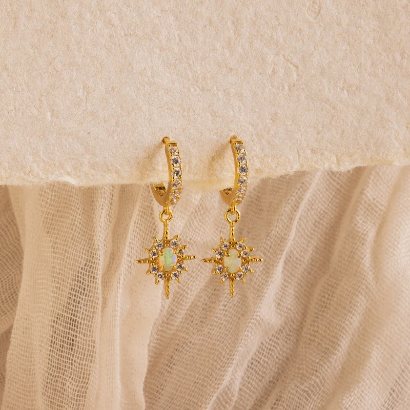 Elegant Drop Crystal Earrings-Pave Opal Star Huggies