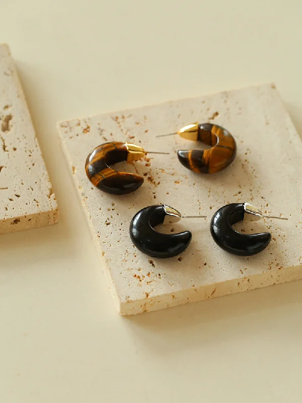 Unique Silver Earrings-Crescent Moon Shaped Black Agate & Tiger's Eye Earrings