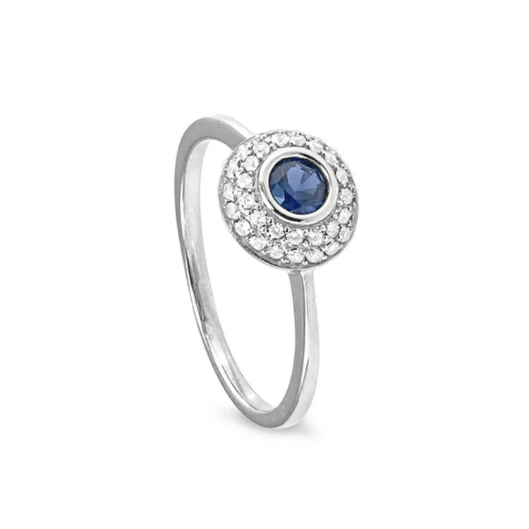 Engagement Rings with Custom Birthstones-Platinum Finish Sterling Silver Micropave Ring with Synthetic Blue Sapphire and Simulated Diamonds