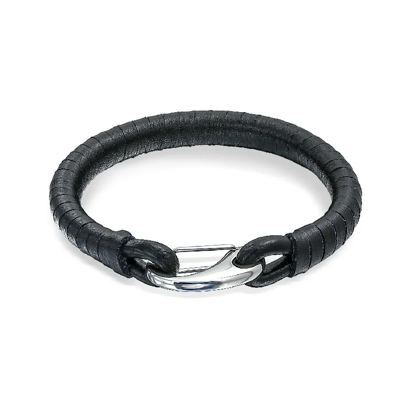 Personalized Charm Bangles for Couples-Unisex Black Woven Leather Cuff Bracelet with Large Stainless Hook Clasp