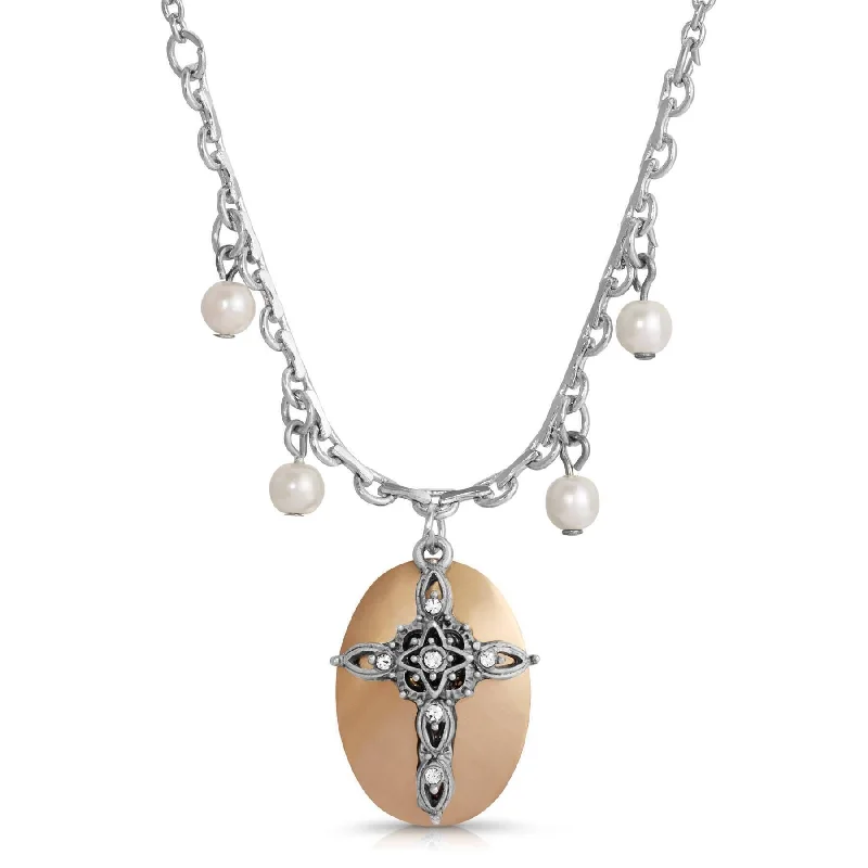 Pearls And Gold Necklaces-1928 Jewelry Faux Pearl Oval Disk Cross & Crystal Pendant Necklace 16"