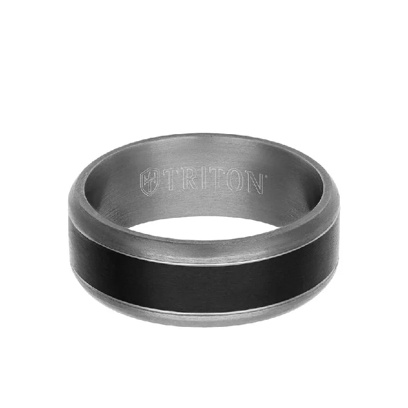 Personalized Engagement Ring Styles-8MM Tantalum Ring - Wide Black Inlay and Bevel Edge