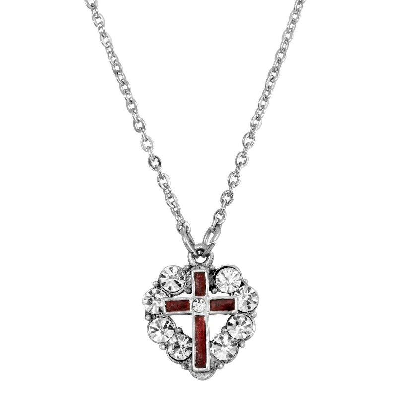 Wedding Bridal Necklaces-Symbols Of Faith Pewter Blue Enamel Cross Crystal Heart Pendant Necklace 16" + 3" Extender