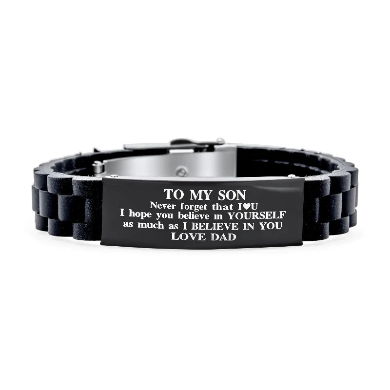 Personalized Women’s Name Bangles-To My Son Courage Inspirational ID Bracelet for Grandson Black Silicone Wristband