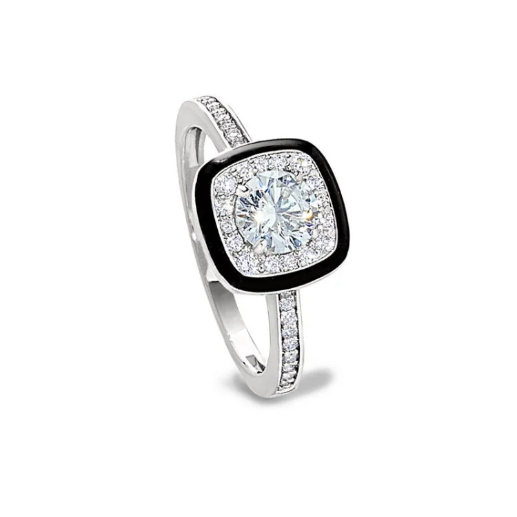 Custom Diamond Promise Rings-Platinum finish sterling silver micropave cushion cut ring with thin black enamel and simulated diamonds - size 5