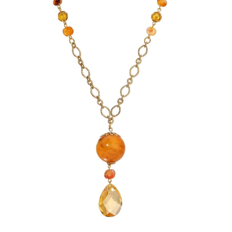 Cat Necklaces-1928 Jewelry Smoke Topaz Crystal Glass Briolette Faux Amber Bead Y-Necklace 28"