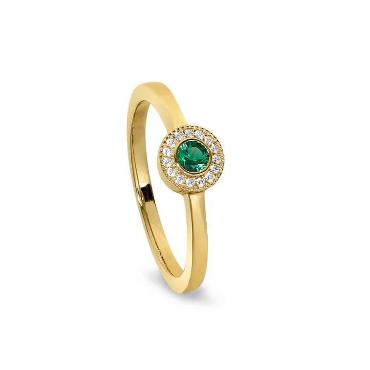 Handmade Promise Wedding Bands-Gold finish sterling silver micropave round simulated emerald ring with simulated diamonds size 5