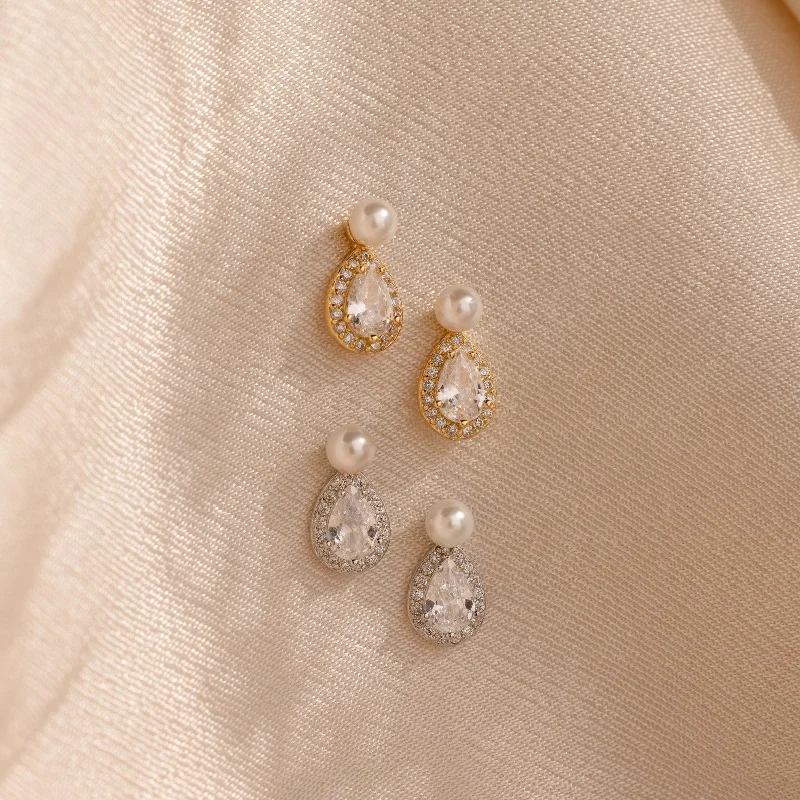 Luxury Hoop Stud Earrings-Pearl Diamond Teardrop Studs