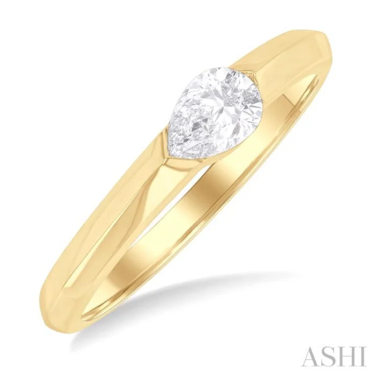 Designer Diamond Engagement Rings-1/3 ctw East-West Set Pear Cut Diamond Solitaire Fashion Ring in 14K Yellow Gold