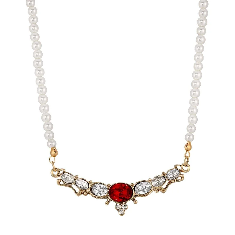 Cat Necklaces-1928 Jewelry Estate 4mm Faux Pearl Strand Clear & Red Crystal Collar Necklace 16" + 3" Extender