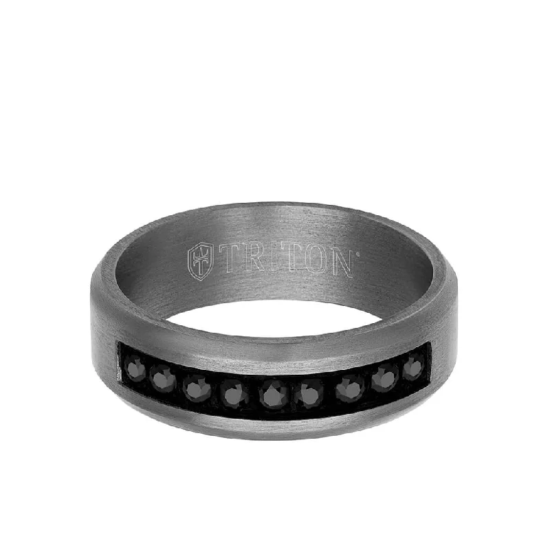 Custom Gold Wedding Ring Sets-7MM Tantalum Ring - Channel Set Black Sapphires and Bevel Edge