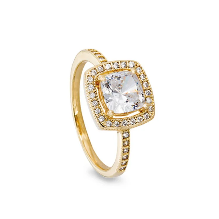 Simple Custom Wedding Band Sets-Gold Finish Sterling Silver Micropave Cushion Cut Ring with 37 Simulated Diamonds