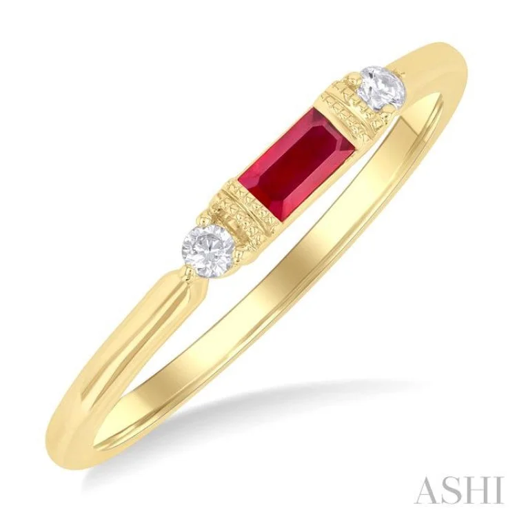 Personalized Promise Rings with Gemstones-4X2 MM Baguette Cut Ruby and 1/20 ctw Round Cut Diamond Precious Fashion Ring in 10K Yellow Gold