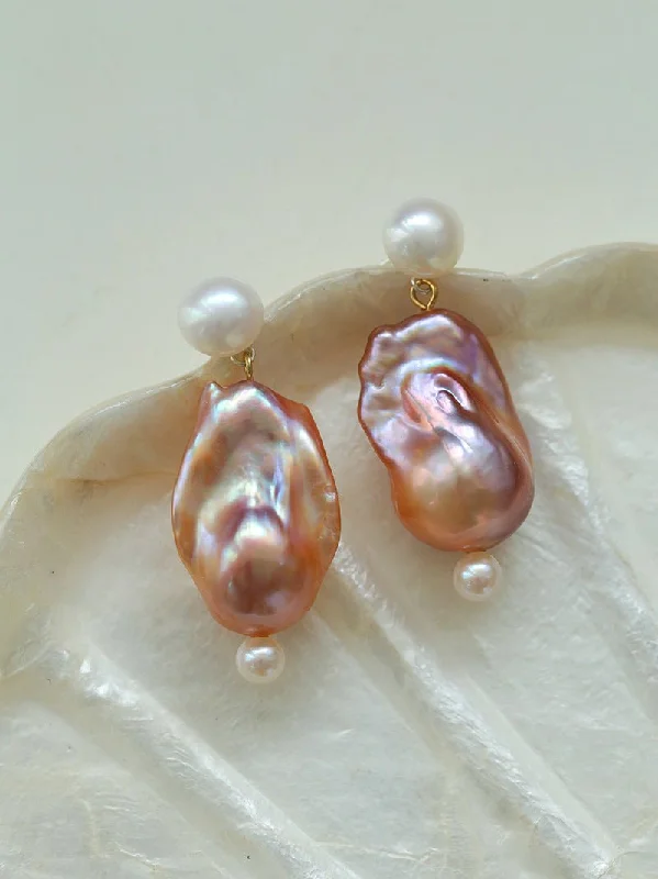 Handmade Gold Earrings-Purple Baroque Pearls Drop Earrings