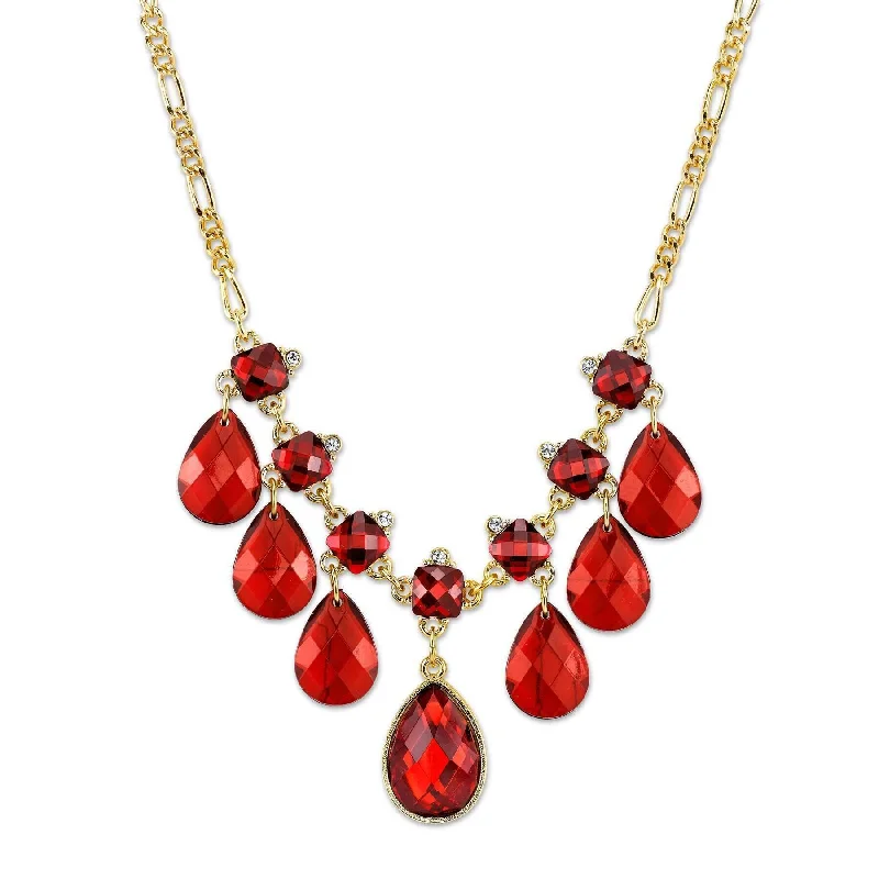 Fashionable Necklaces-2028 Jewelry Square And Teardrop Red Crystal Bib Drop Necklace 16" + 3" Extender