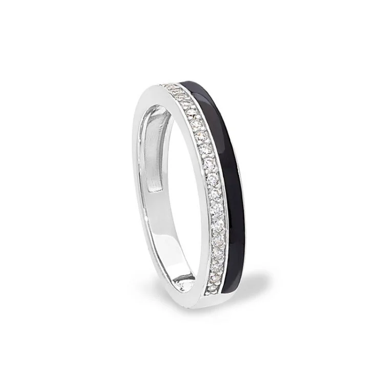 Simple Promise Rings with Personalization-Platinum Finish Sterling Silver Micropave Ring with with Black Enamel and Simulated Diamondss