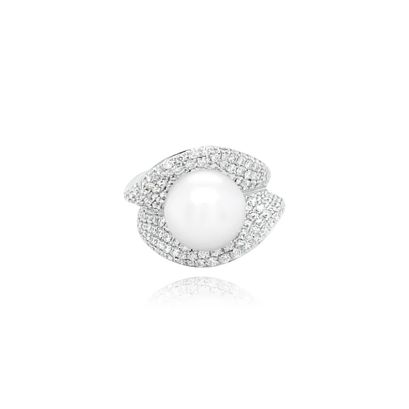 Classic Wedding Rings with Birthstones-Pave Set Diamonds & Pearl "La perla " Ring