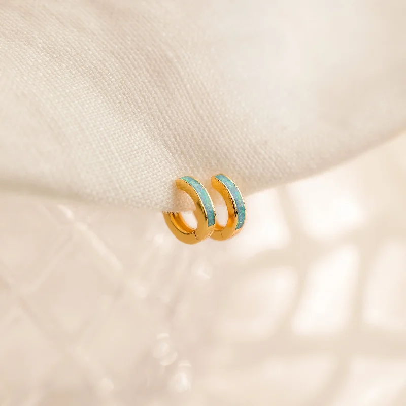 Elegant Gold Stud Earrings-Ocean Opal Inlay Huggies