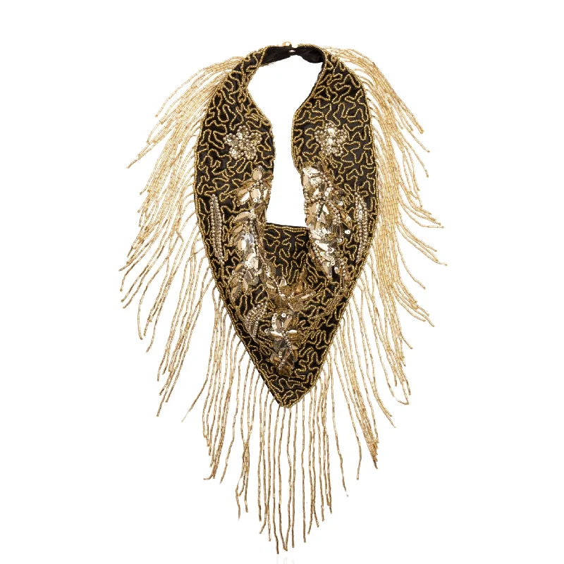 Emerald Necklaces-Indira Sequin Fringe Scarf Necklace - Sequin Gold/Black