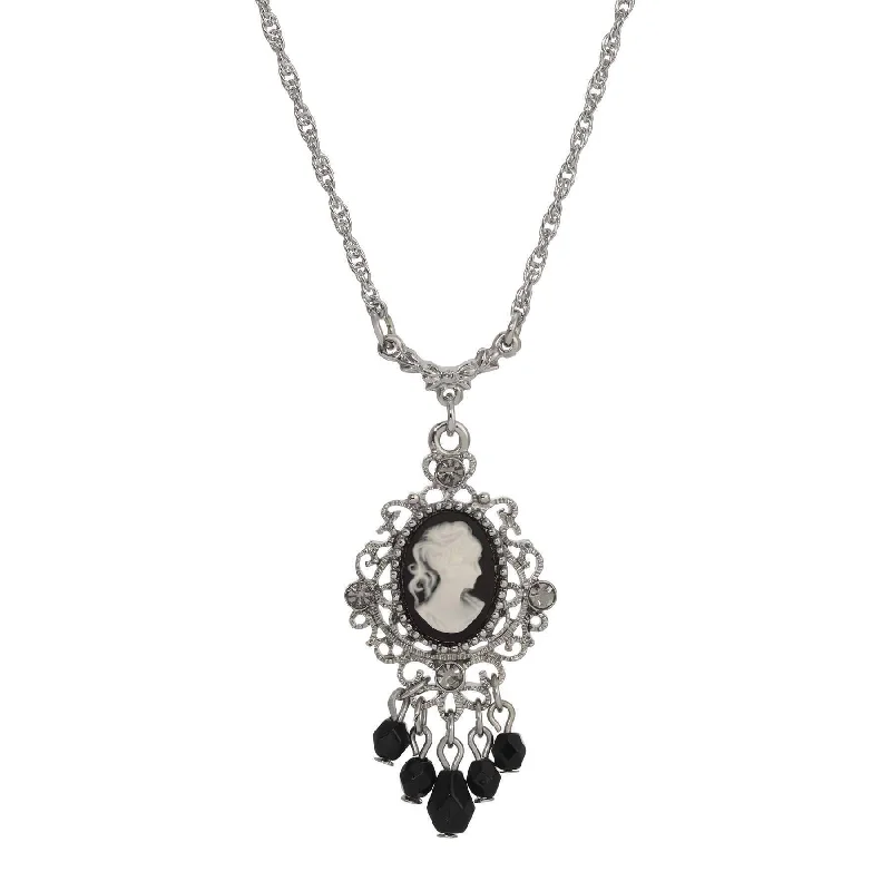 Inspirational Necklaces-1928 Jewelry Black Diamond Crystal Cameo Drop Necklace 16" + 3" Extension