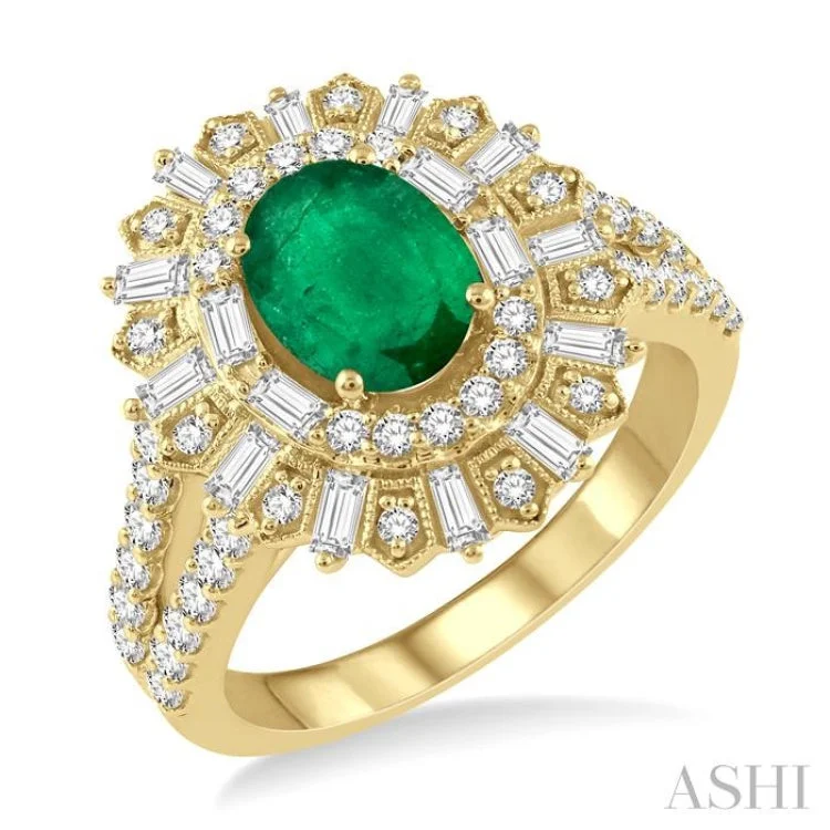 Classic Gemstone Engagement Rings-1 Ctw Lattice Oval Shape 8x6MM Emerald, Baguette and Round Cut Diamond Precious Ring in 14K Yellow Gold