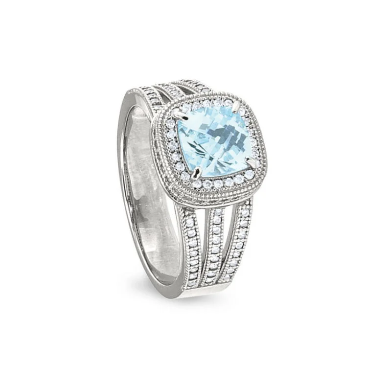 Wedding Rings with Personalization-Platinum finish sterling silver micropave ring with simulated aquamarine and simulated diamonds