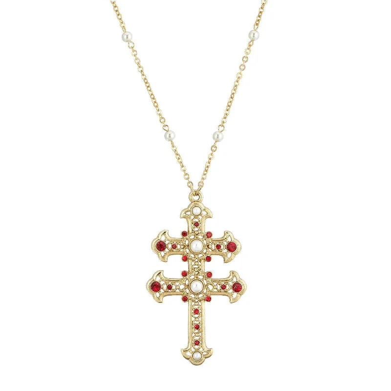 Talisman Necklaces-Symbols Of Faith Crystal and Faux Pearl Double Cross 30 Pendant Necklace