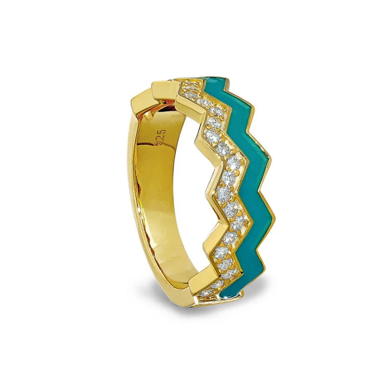 Simple Vintage Wedding Bands for Men-Gold Vermeil Sterling Silver Micropave Ring with with Turquoise Enamel and Simulated Diamondss