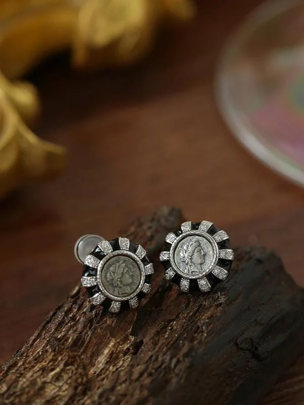 Handcrafted Hoop Earrings-Ancient Greek Retro 925 Silver Coin Stud Earrings-Type K