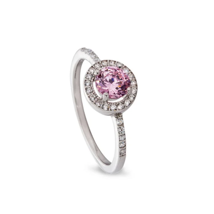 Custom Engagement Rings for Women-Platinum Finish Sterling Silver Micropave Simulated Pink Sapphire Ring with Simulated Diamonds