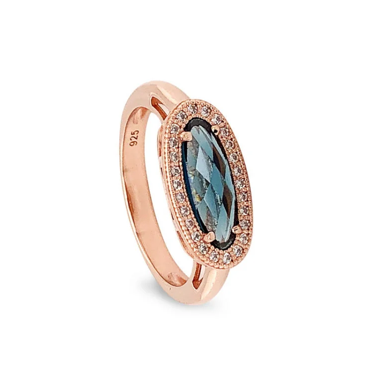 Affordable Promise Wedding Rings-Rose Gold Finish Sterling Silver Micropave Oblong Ring with Simulated London Blue Topaz and Simulated Diamonds