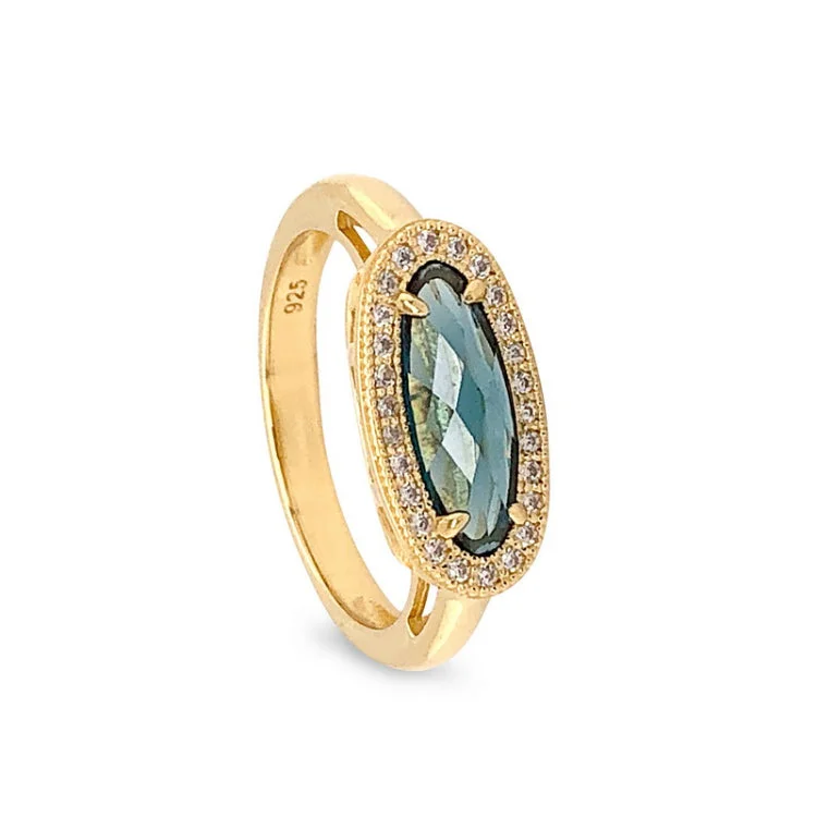 Designer Gold Wedding Rings-Gold Finish Sterling Silver Micropave Oblong Ring with Simulated London Blue Topaz and Simulated Diamonds