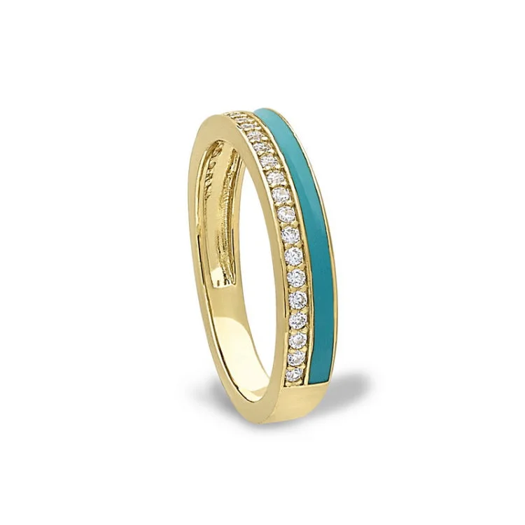 Gemstone Engagement Rings with Custom Settings-Gold Vermeil Sterling Silver Micropave Ring with with Turquoise Enamel and Simulated Diamondss