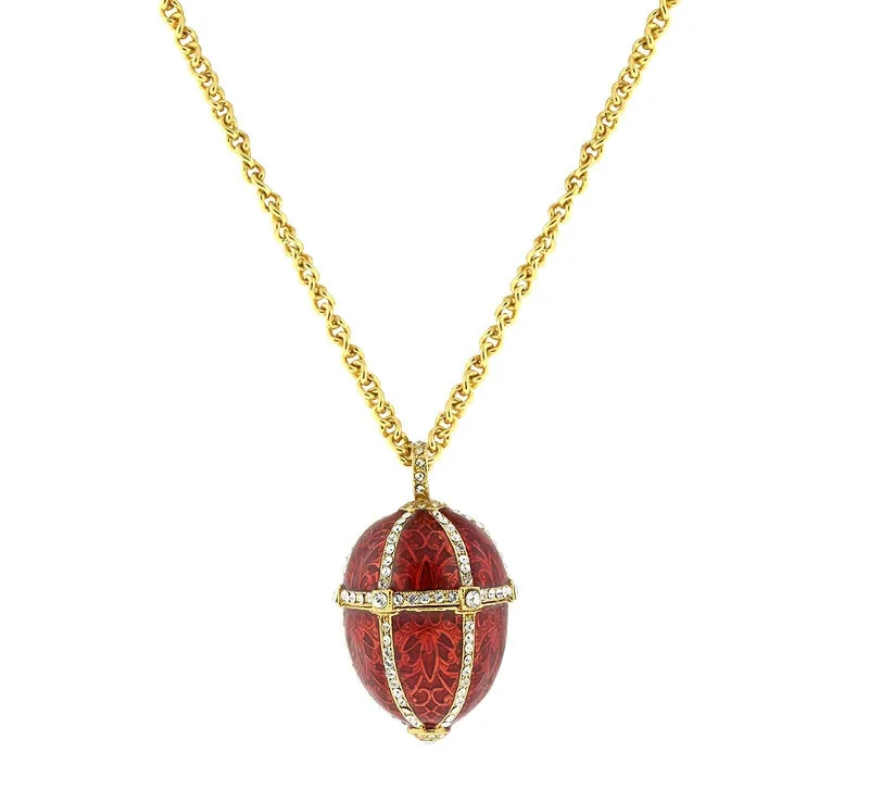 Vintage Necklaces-1928 Jewelry Trellis Red Enamel Rhinestone Egg Locket Necklace 30"