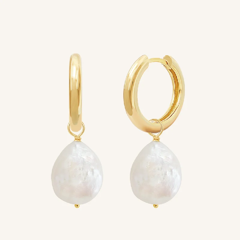 Simple Gemstone Earrings for Women-Capri Pearl Charm Hoops