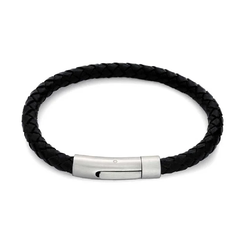 Custom Birthstone Beaded Bracelets for Men-Unisex Black Woven Leather Cuff Bracelet with Stainless Barrel Clasp for Men