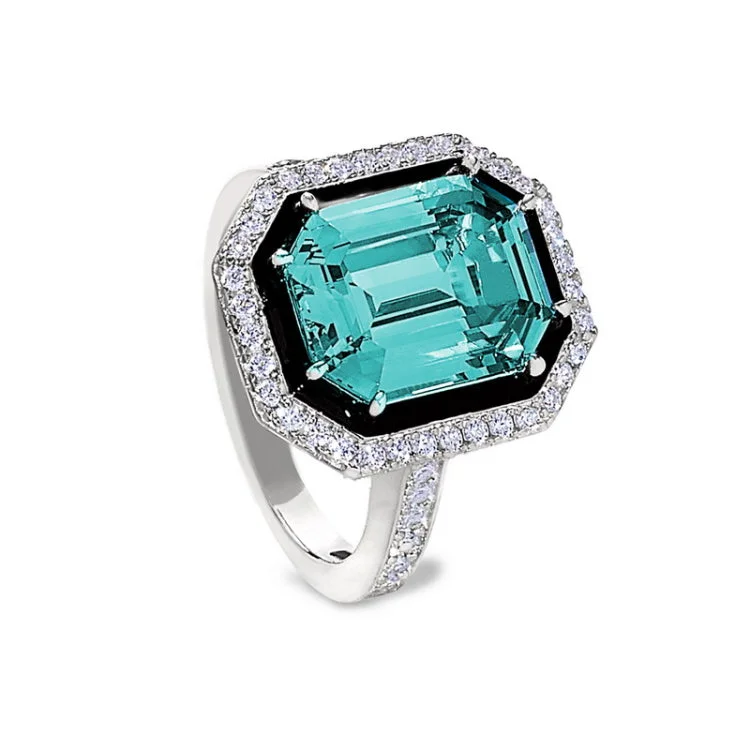 Custom Stacked Wedding Rings for Women-Platinum Finish Sterling Silver Micropave Black Enamel & Aqua Spinel Octagon Ring with Simulated Diamonds - Size 9