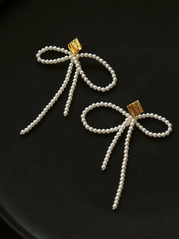 Luxury Dangle Hoop Earrings-Bow Dance Metal Lava Petite Bow Long Pearl Earrings