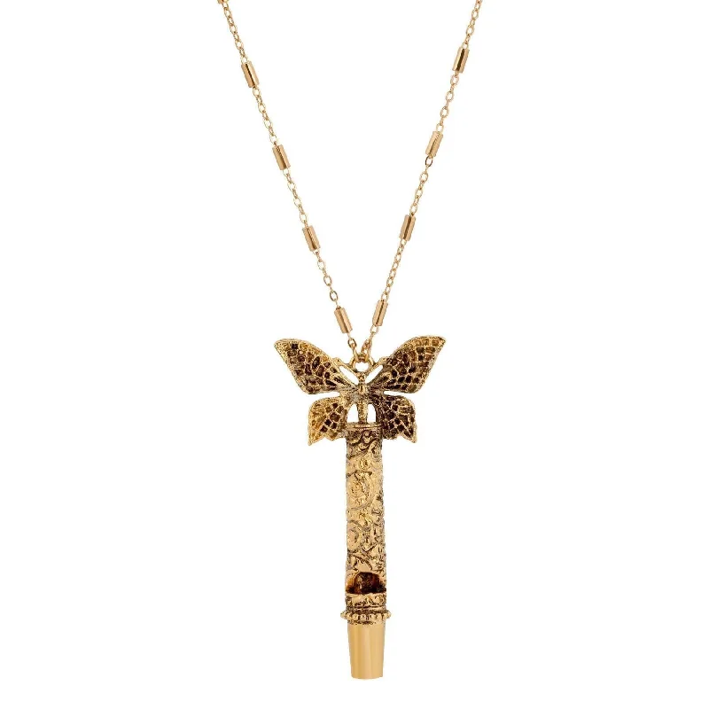 Gold-Plated Necklaces-1928 Jewelry Gold Filigree Whistle Butterfly Pendant Necklace 28"