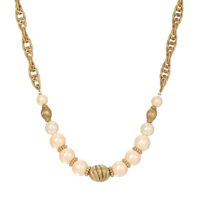 Colorful Gemstone Necklaces-1928 Jewelry Faux Pearl Corrugated & Swirl Bead Link Chain Necklace 16" + 3" Extension