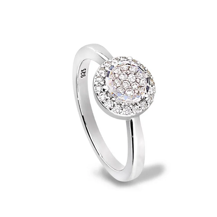 Custom Birthstone Engagement Rings-Platinum Finish Sterling Silver Micropave Round Ring with Simulated Diamonds -Size 6