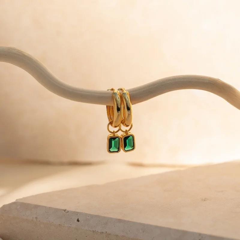 Custom Hoop Earrings-Dangling Emerald Birthstone Hoops