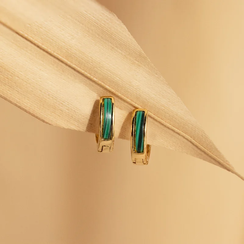 Handmade Gemstone Hoop Earrings-Malachite Inlay Huggies