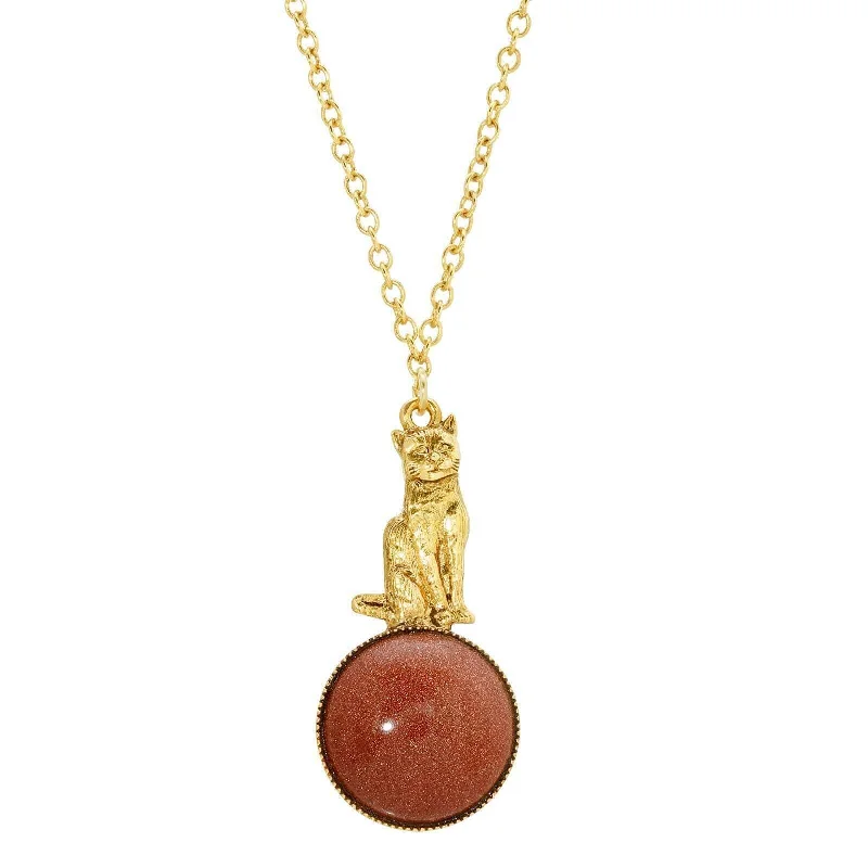 Dog Necklaces-1928 Jewelry Sitting Cat On Round Gemstone Pendant Necklace 28"