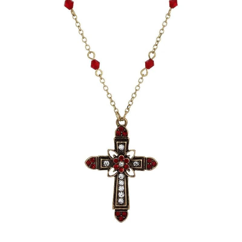 Antique Necklaces-Symbols Of Faith Flower & Cross Crystal Pendant Necklace 16" + 3" Extension