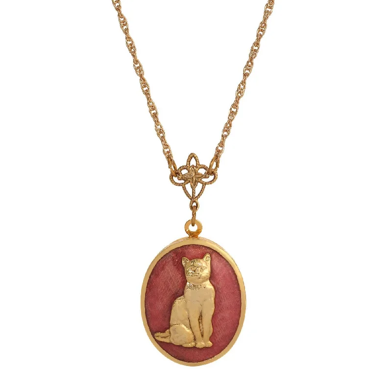 Affordable Necklaces-1928 Jewelry Sitting Cat Oval Enamel Locket Necklace 24"