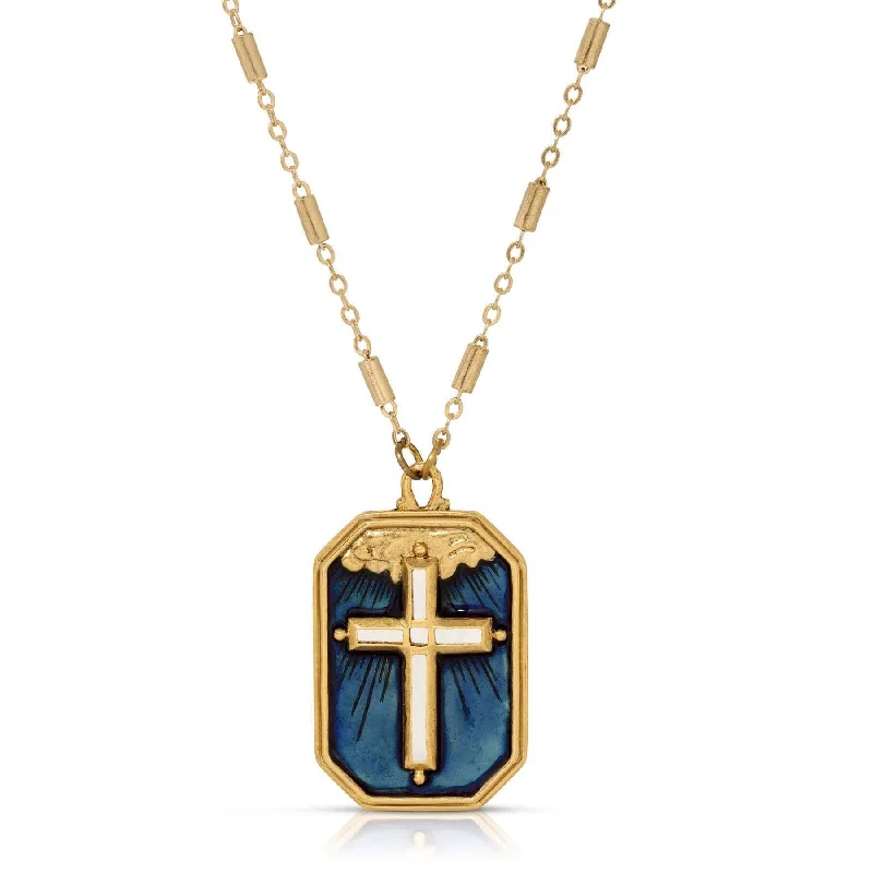 Gold Necklaces-Symbols Of Faith Radiant Cross In The Blue Sky Enamel Pendant Necklace 24"